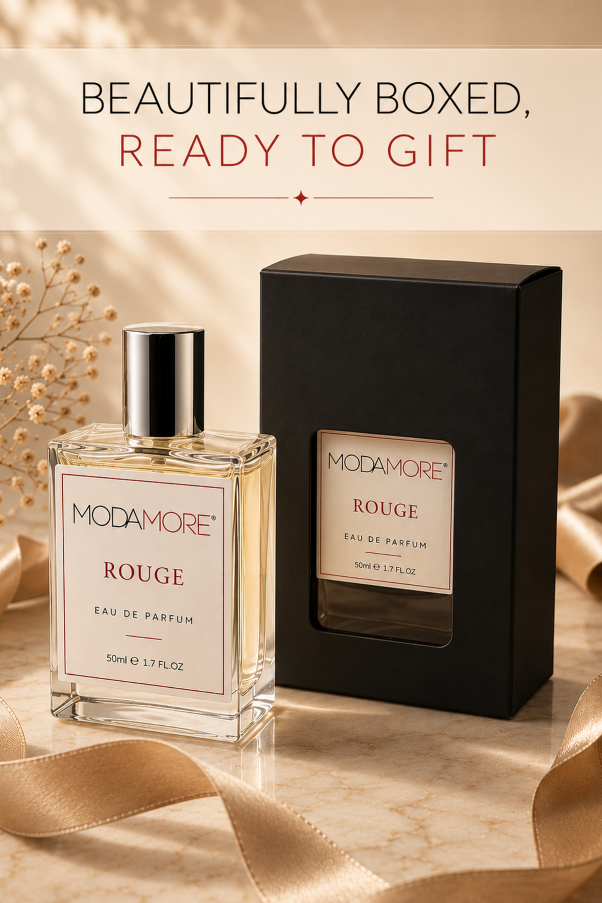 Modamore ROUGE 50ml Eau de Parfum with branded black presentation box